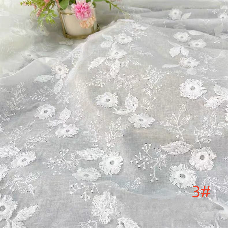 3D flower white color soft embroidered cotton fabric for garments